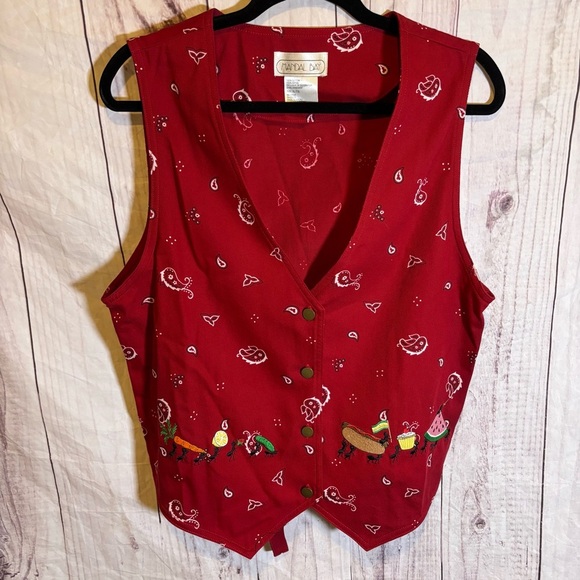 Vintage Red Bandana Picnic Ant Food Embroidered V-neck Button up Vest XL - Picture 1 of 6